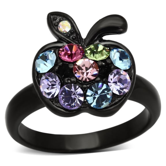 Luxe Jewelry Designs Women's IP Black Stainless Steel Apple Shaped Ring with Multicolor Crystals -