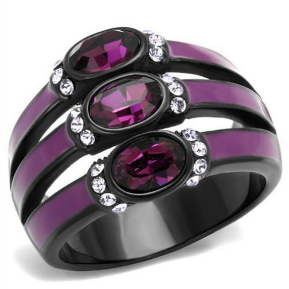 Luxe Jewelry Designs Women's IP Black Stainless Steel Ring with Clear and Amethyst Crystals - Size