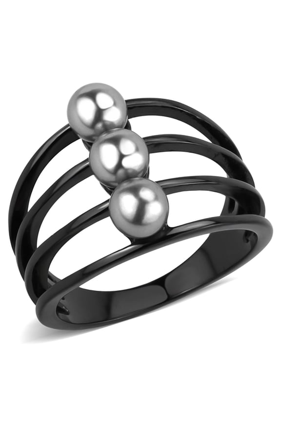 Luxe Jewelry Designs Women's IP Black Stainless Steel Split Ring with Gray Synthetic Pearls - Size 8