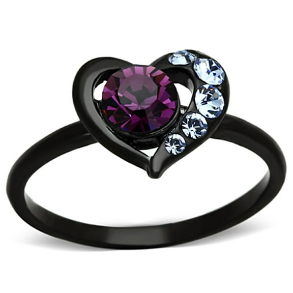 Luxe Jewelry Designs Women's Ion Plated Black Stainless Steel Ring with Amethyst Crystal - Size 8