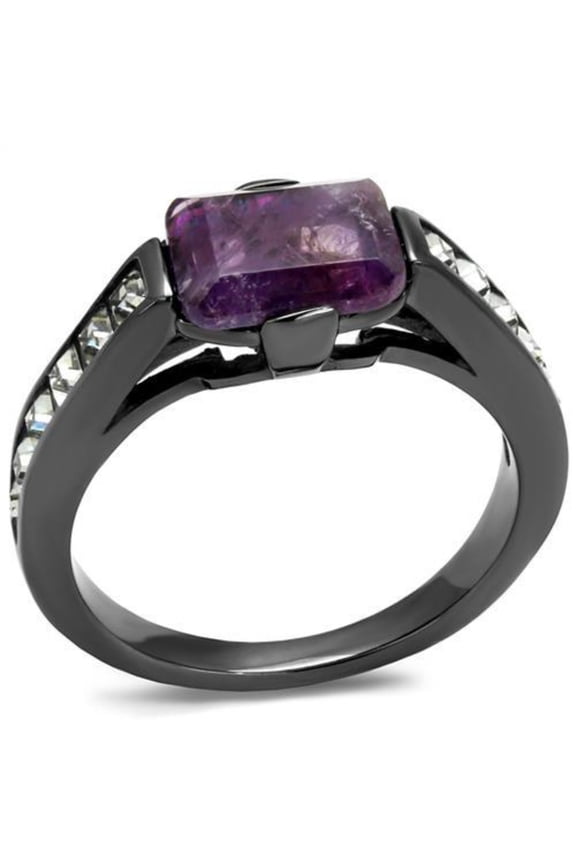 Luxe Jewelry Designs Women's Light Black Ion Plated Ring With Precious Stone Amethyst Crystal, Size