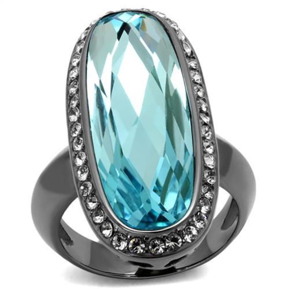 Luxe Jewelry Designs Women's Light Black Ion Plated Stainless Steel Ring with Sea Blue Crystal, Size