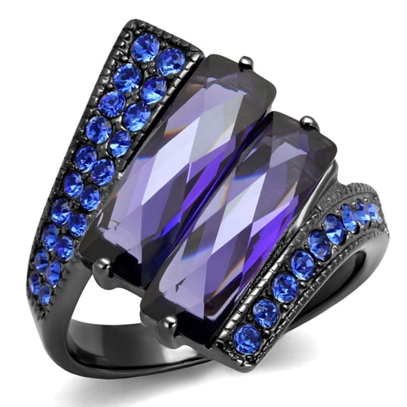 Luxe Jewelry Designs Women's Light Black Ion Plated Stainless Steel Ring with Tanzanite CZ Stone -