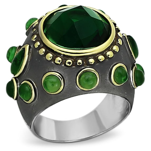 Luxe Jewelry Designs Women's Reverse Two Tone Plated Bezel Ring with Emerald Synthetic Glass - Size