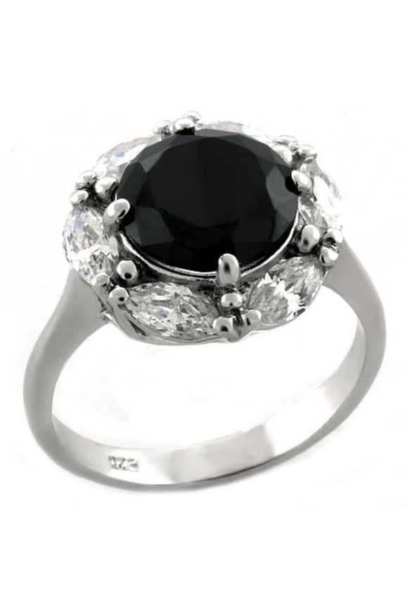 Luxe Jewelry Designs Women's Rhodium Finished Sterling Silver Ring with CZ Black Jet Stone - Size 6