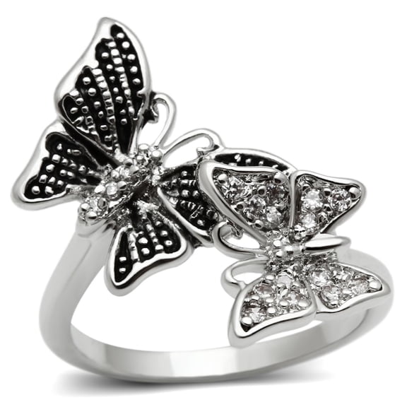 Luxe Jewelry Designs Women's Rhodium Plated Brass Butterfly Shaped Ring with Cubic Zirconia - Size 7