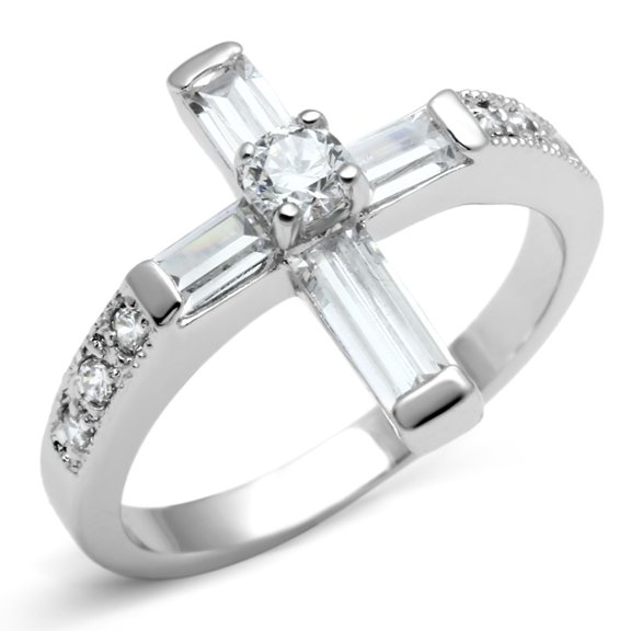 Luxe Jewelry Designs Women's Rhodium Plated Brass Cross Shaped Ring with AAA Grade Cubic Zirconia -