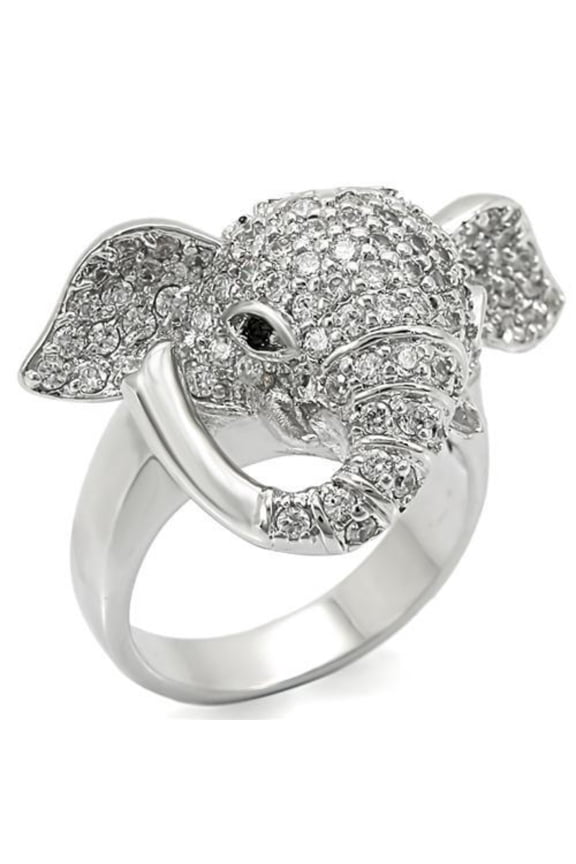 Luxe Jewelry Designs Women's Rhodium Plated Brass Elephant Ring with Top Grade Crystals Black Jet -