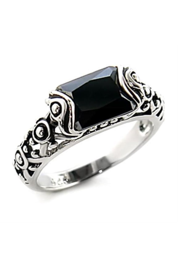 Luxe Jewelry Designs Women's Rhodium Plated Brass Ring with Cubic Zirconia Black Jet Stone - Size 10