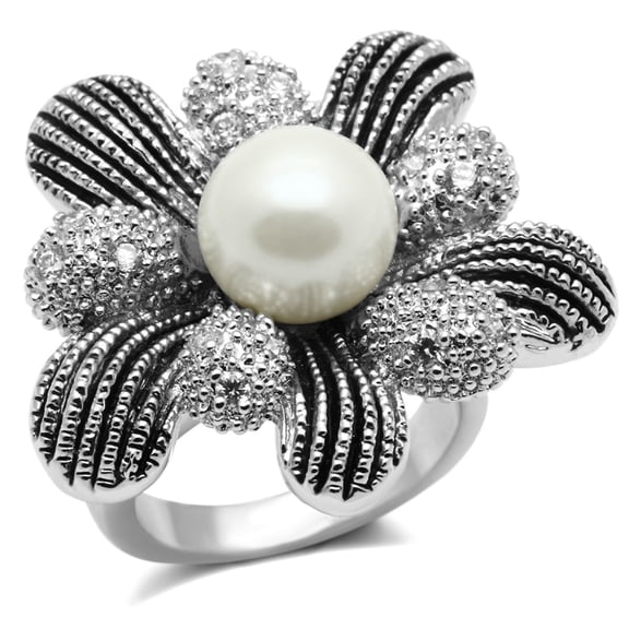 Luxe Jewelry Designs Women's Rhodium Plated Flower Ring with Synthetic White Pearl - Size 9 (Pack of