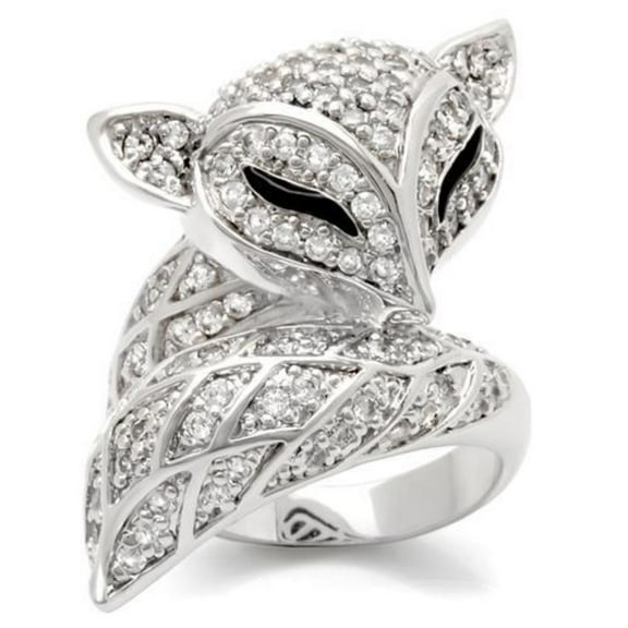 Women's Rhodium Plated Fox Ring with Cubic Zirconia - Size 10