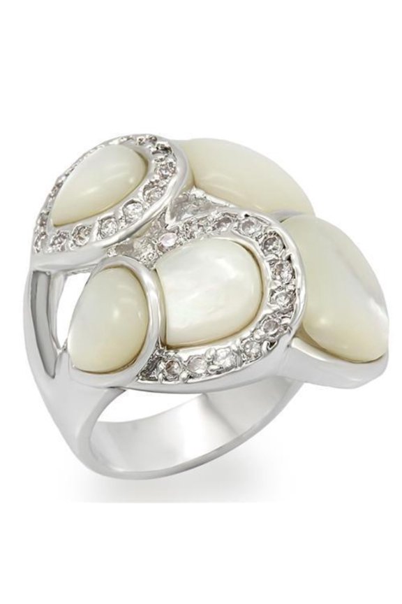 Luxe Jewelry Designs Women's Rhodium Plated Ring with Precious Stone White Conch - Size 6