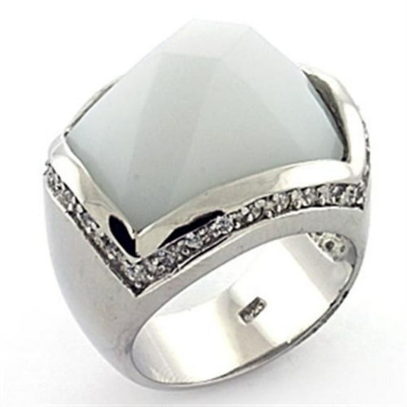 Luxe Jewelry Designs Women's Rhodium Plated Sterling Silver Ring with White Synthetic Glass Stone -
