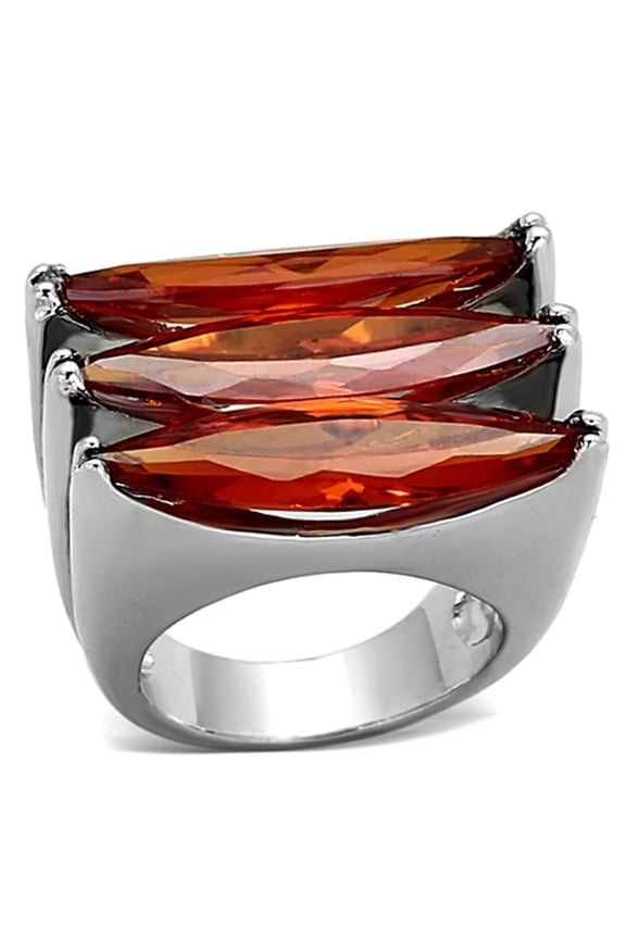 Luxe Jewelry Designs Women's Rhodium Plated Three Stone Ring with AAA Grade CZ Orange - Size 7
