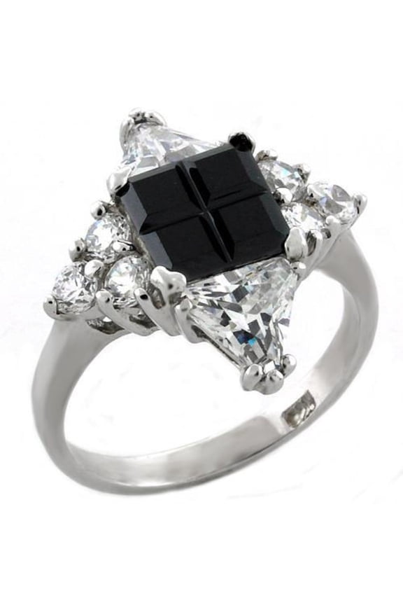 Luxe Jewelry Designs Women's Rhodium plated Sterling Silver Ring with CZ Black Jet Stone - Size 5