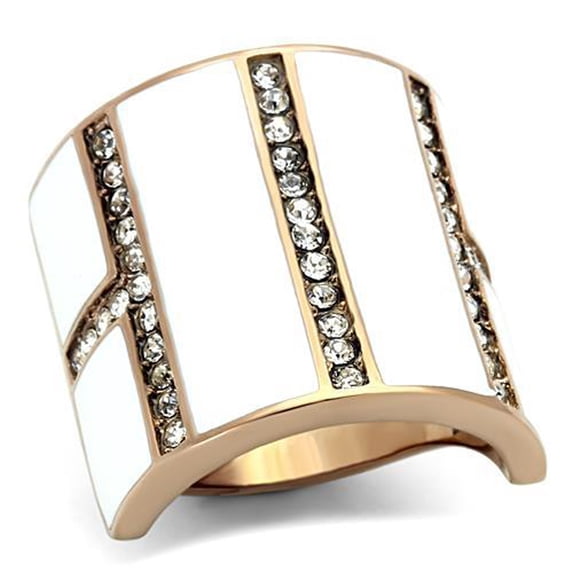 Luxe Jewelry Designs Women's Rose Gold IP Stainless Steel Ring with White Epoxy and Clear Crystals -