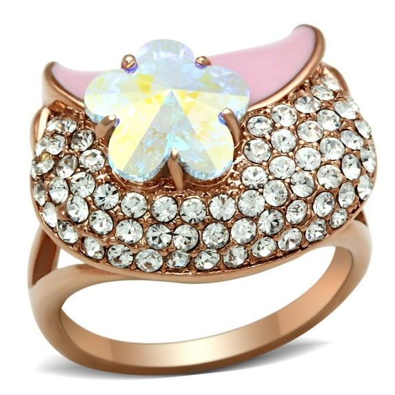 Luxe Jewelry Designs Women's Rose Gold Ion Plated Ring with Flower Shaped Top Grade Crystals - Size