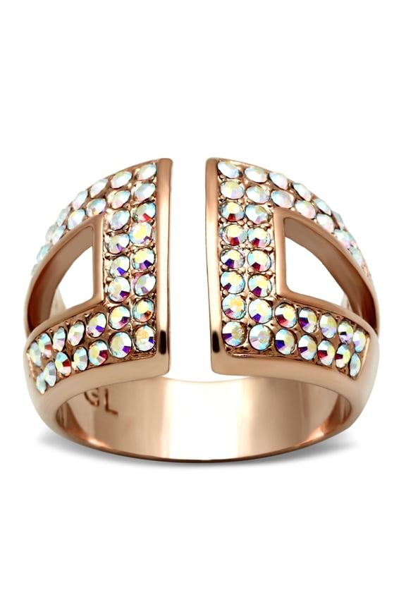 Luxe Jewelry Designs Women's Rose Gold Ion Plated Ring with Top Grade Crystal Aurora Borealis - Size