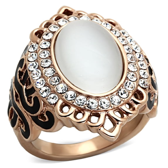 Luxe Jewelry Designs Women's Rose Gold Ion Plated Ring with White Synthetic Cat Eye Stone - Size 10