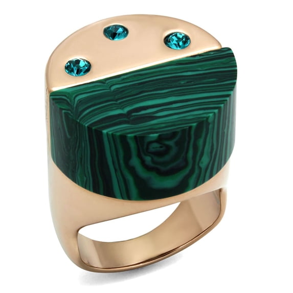 Luxe Jewelry Designs Women's Rose Gold Stainless Steel Ring with Emerald Malachite Synthetic Stones