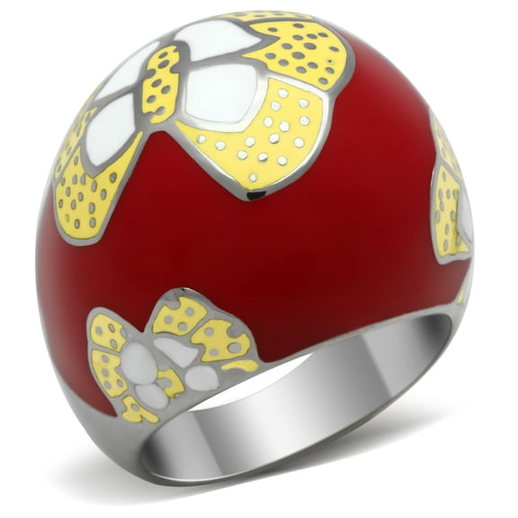 Luxe Jewelry Designs Women's Stainless Steel Butterfly Design Ring with Red and Yellow Epoxy - Size