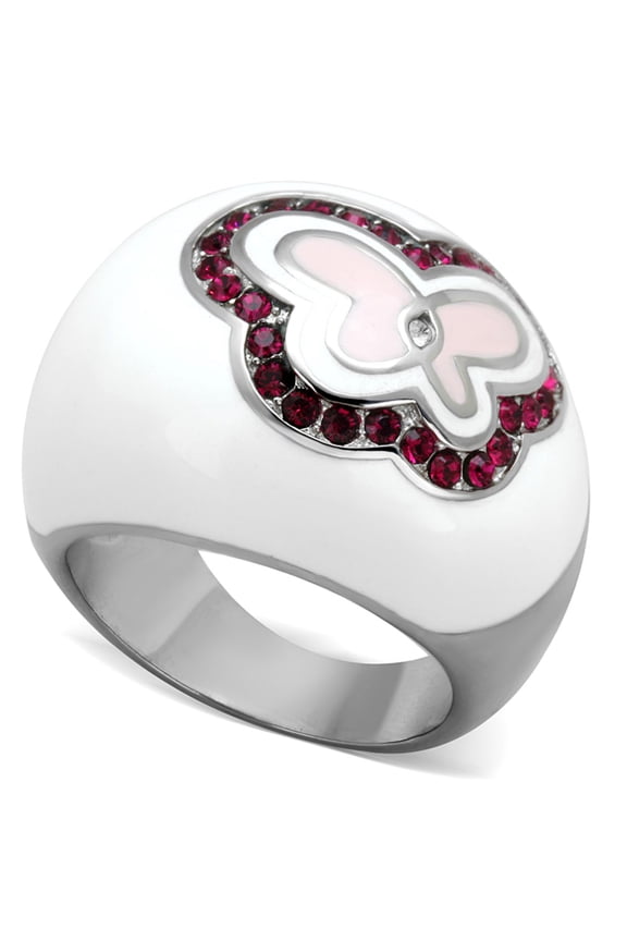 Luxe Jewelry Designs Women's Stainless Steel Butterfly Shaped Ring with Ruby Crystals - Size 10