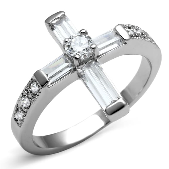 Women's Stainless Steel Cross Shaped Ring with Round Cubic Zirconia, Size 8 (Pack of 2)