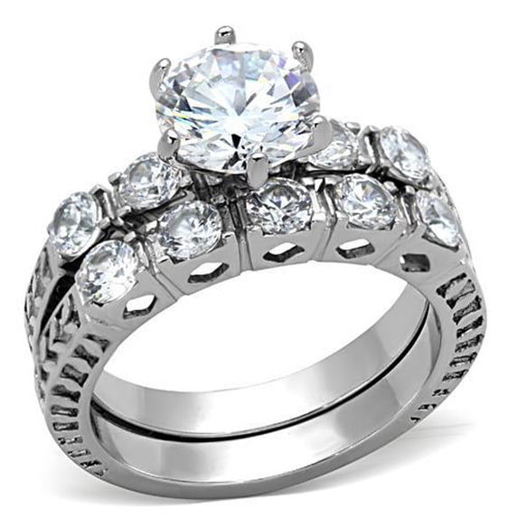 Women's Stainless Steel Engagement Ring with 8mm AAA Grade CZ in Clear - Size 7
