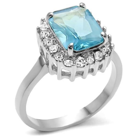 Luxe Jewelry Designs Women's Stainless Steel Engagement Ring with Sea Blue Synthetic Glass - Size 7
