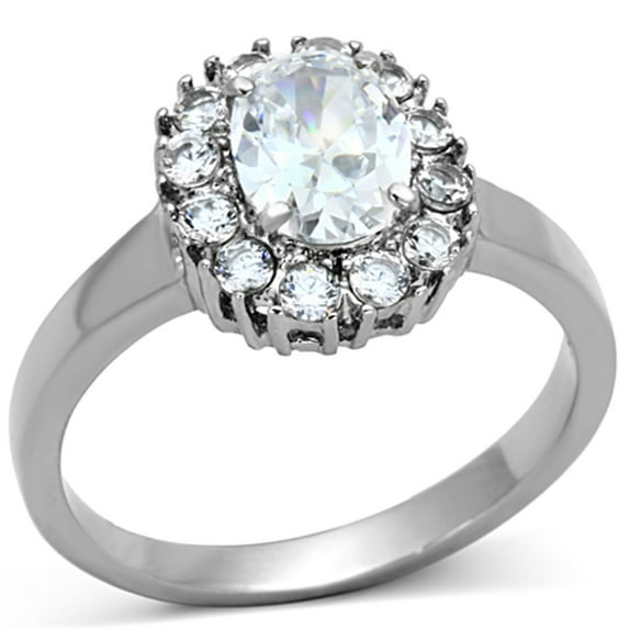 Luxe Jewelry Designs Women's Stainless Steel Halo Engagement Ring with Oval Cubic Zirconia - Size 8