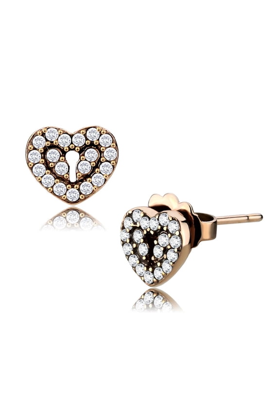 Luxe Jewelry Designs Women's Stainless Steel Heart and Key Shaped Stud Earrings with AAA Grade CZ