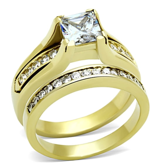 Luxe Jewelry Designs Women's Stainless Steel IP Gold Plated Channel Wedding Ring with Cubic Zirconia
