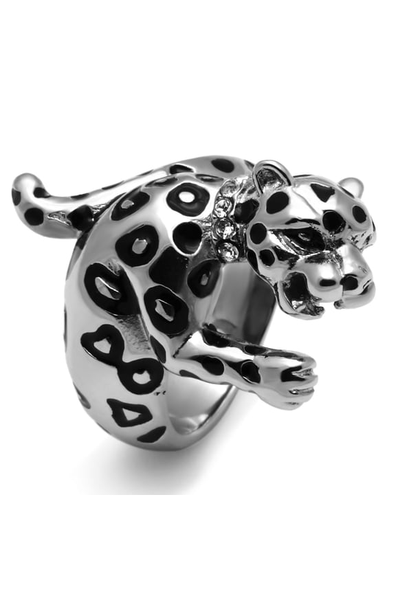 Luxe Jewelry Designs Women's Stainless Steel Leopard Shaped Ring with Black Epoxy and Clear Crystals