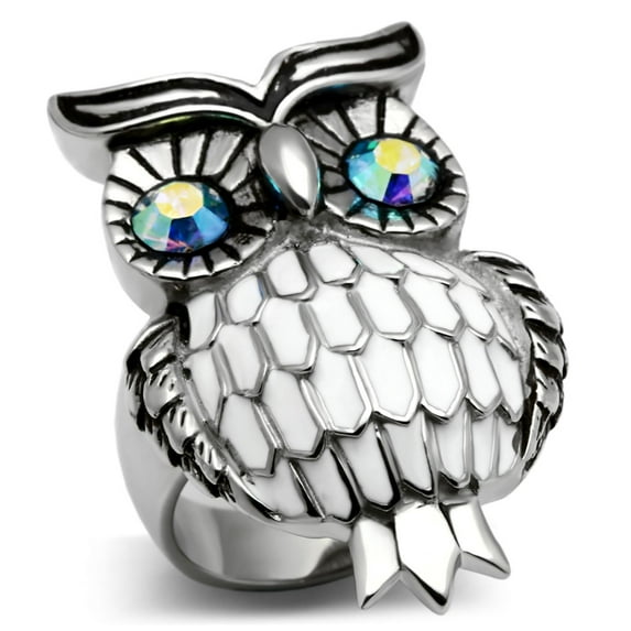 Luxe Jewelry Designs Women's Stainless Steel Owl Ring with Sea Blue Crystals - Size 9