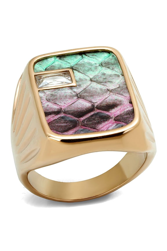Luxe Jewelry Designs Women's Stainless Steel Ring with Multi Color Leather Stone - Size 11