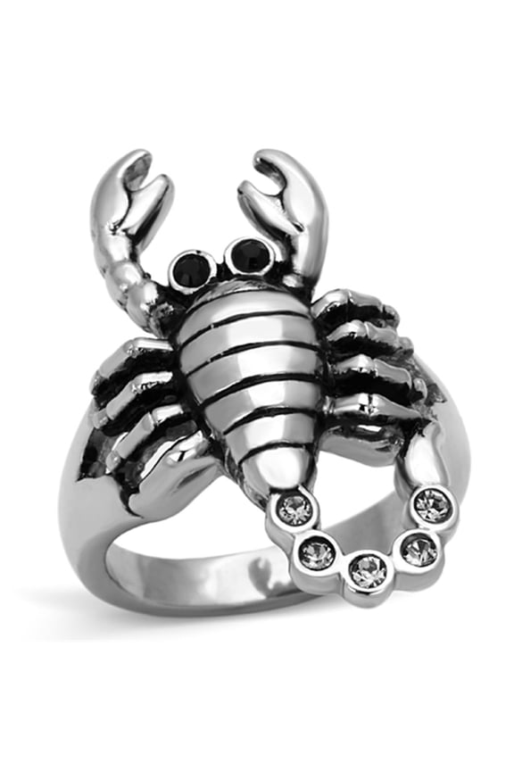 Luxe Jewelry Designs Women's Stainless Steel Scorpion Shaped Ring with Black Jet Crystals - Size 10