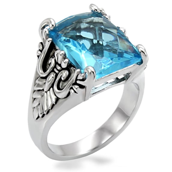 Luxe Jewelry Designs Women's Stainless Steel Solitaire Ring with Sea Blue Synthetic Glass - Size 8