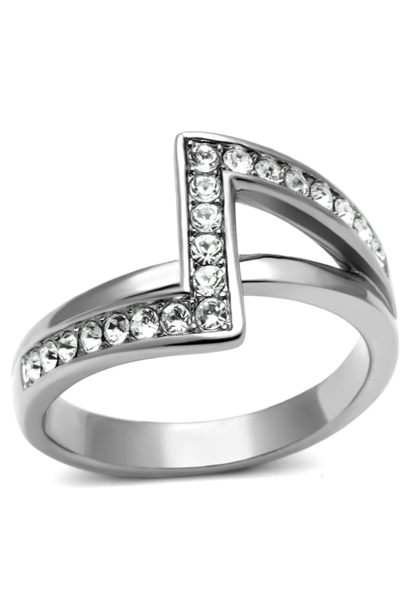 Luxe Jewelry Designs Women's Stainless Steel Zig Zag Designed Ring with Clear Crystals - Size 5