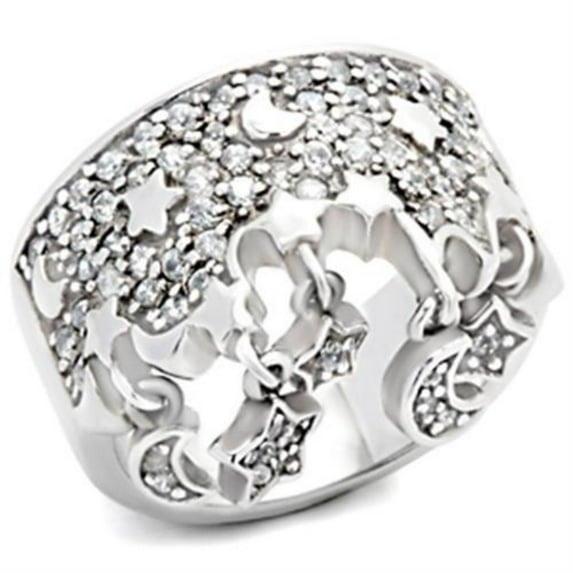 Luxe Jewelry Designs Women's Sterling Silver Moon and Star Shaped Ring with CZ - Size 5