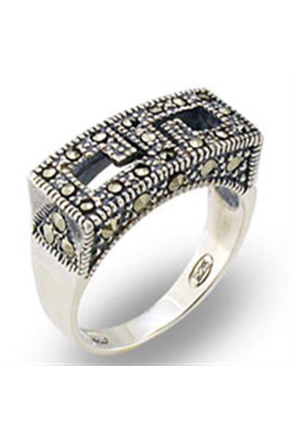 Luxe Jewelry Designs Women's Sterling Silver Ring with Semi Precious Black Jet Marcasite Stones -