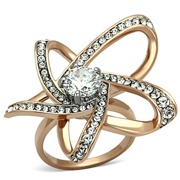 Luxe Jewelry Designs Women's Two Tone Rose Gold Ion Plated Flower Shaped Ring with CZ Stones - Size