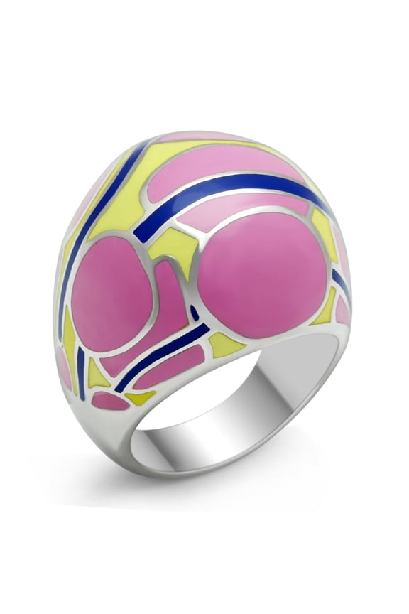 Luxe Jewelry Designs Yellow and Pink Stainless Steel Polka Dotted Ring With Epoxy- Size 5 (Pack of