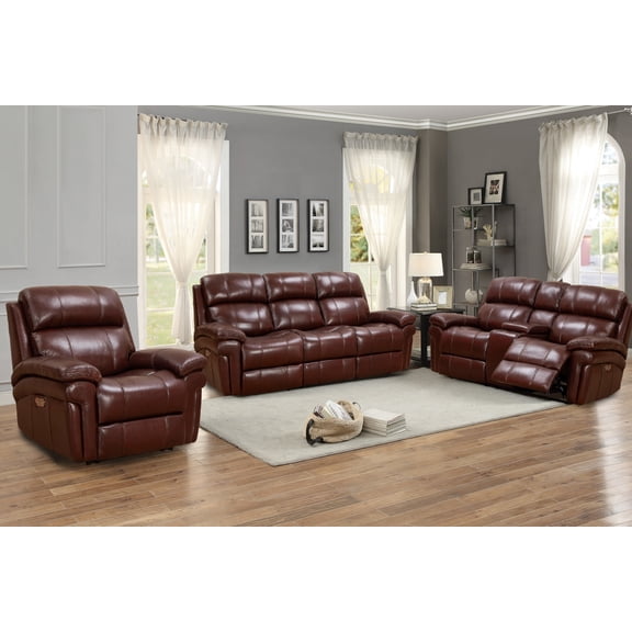 Luxe Leather Recliner Loveseat with Power Headrest and Console Storage in Brown