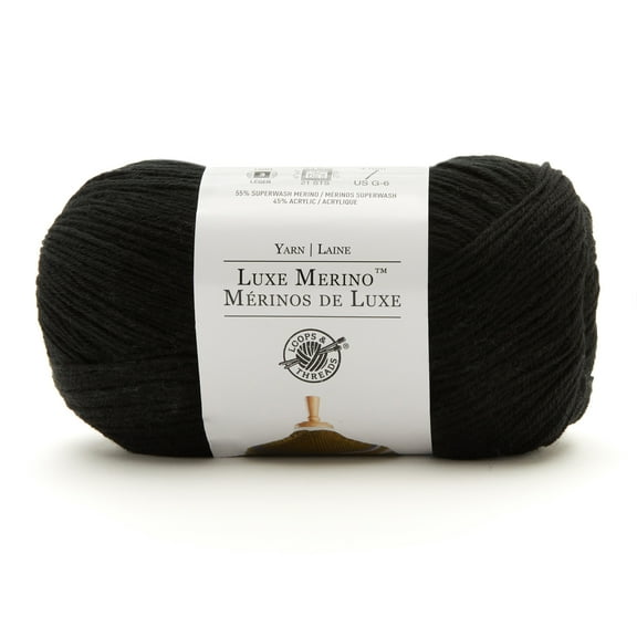 Luxe Merino Solid Yarn by Loops & Threads - Yarn for Knitting - Crochet - Weaving - and Arts & Crafts - Black - Wool Blend - 5.3 oz