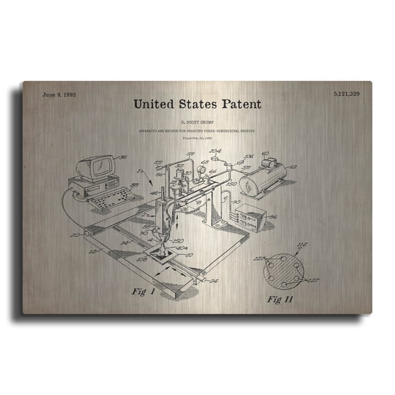 Luxe Metal Art '3D Printer Blueprint Patent Parchment' Metal Wall Art, 16"x12"