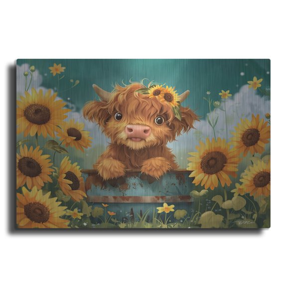 Luxe Metal Art 'A Cute Happy Highland Cow 2' by Momart Metal Wall Art, 36" x 24"