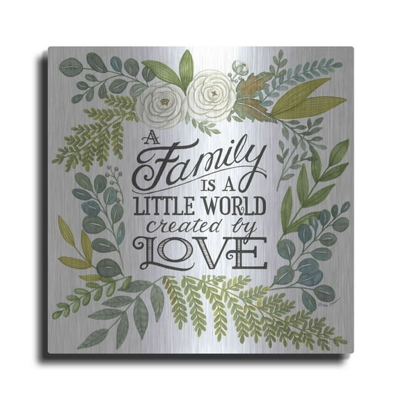 Luxe Metal Art 'A Family Is A Little World' by Deb Strain, Metal Wall Art, 24"x24"
