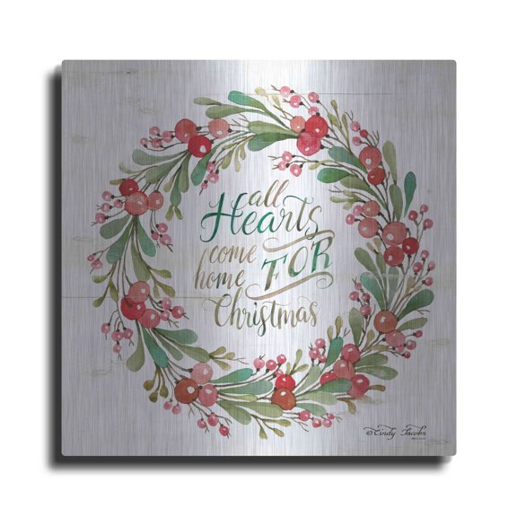 Luxe Metal Art 'All Hearts Come Home for Christmas Berry Wreath' by Cindy Jacobs, Metal Wall Art, 36"x36"