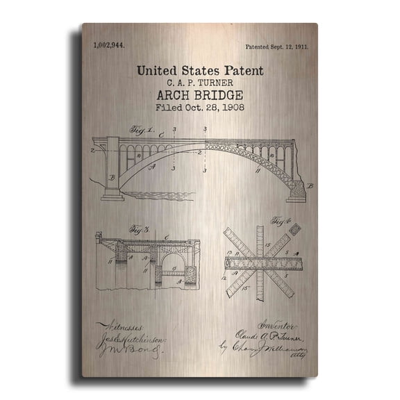 Luxe Metal Art 'Arch Bridge Blueprint Patent Parchment' Metal Wall Art, 12"x16"