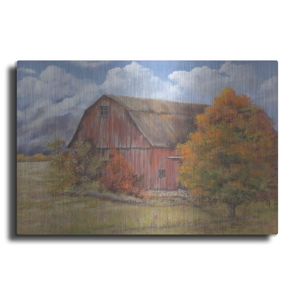 Luxe Metal Art 'Autumn Barn' by Pam Britton, Metal Wall Art, 16"x12"